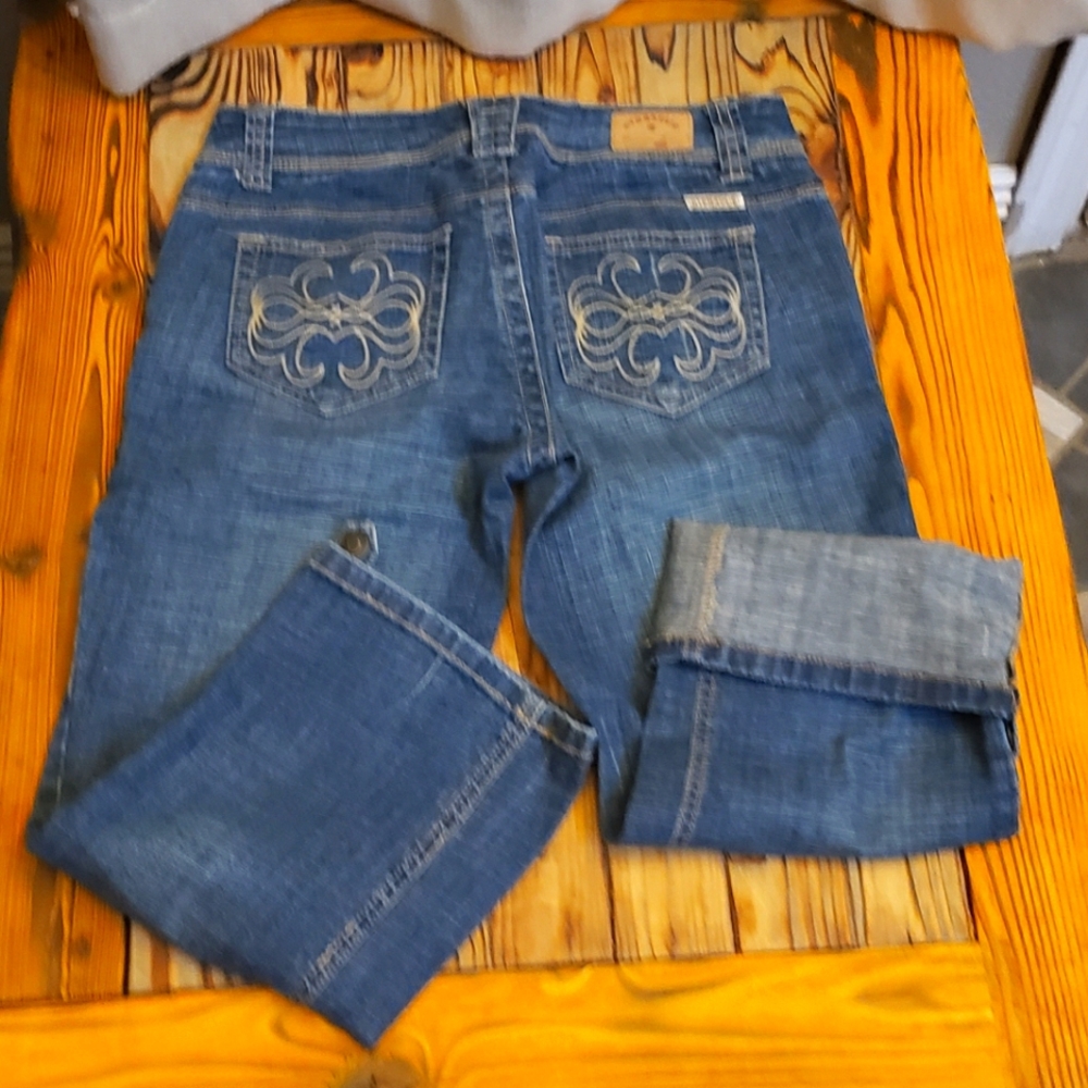 Womens Hydraulic Low Waist Adjustable Length Cuffed Denim Jean Capri Size 7/8